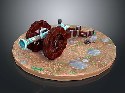 Vintage Cannon With Metal Barrel Large Wooden Wheels On Circular Stone Base And Green Grass 3d model
