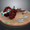 Vintage Cannon With Metal Barrel Large Wooden Wheels On Circular Stone Base And Green Grass