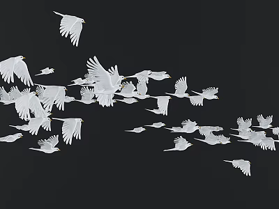 Group of White Flying Birds Soaring Against Black Background in Mid Air 3d model