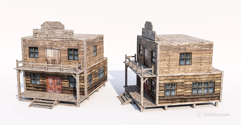 Traditional Style Rural Self-built House with Wooden Porch Stairs and Windows 3d model 