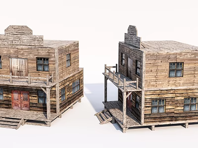 Traditional Style Rural Self-built House with Wooden Porch Stairs and Windows 3d model