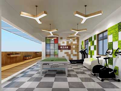 Modern Recreation Area With Pool Table Exercise Bikes Green Plant Wall And Checkered Floor 3d model