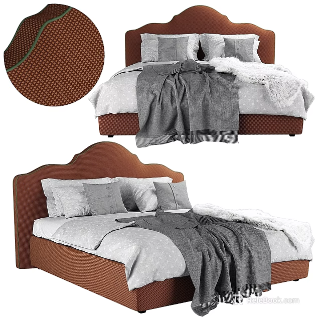 Textured Fabric Upholstered Brown Headboard Bed With Gray Pillows And Blanket 3d model 