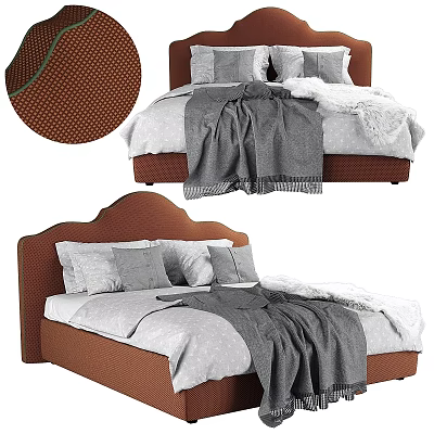 Textured Fabric Upholstered Brown Headboard Bed With Gray Pillows And Blanket 3d model