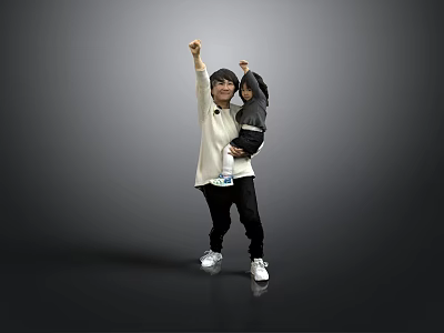 Woman Holding Child Raising Hands Together Against Grey Background Wearing White Top And Black Pants 3d model