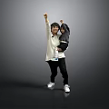 Woman Holding Child Raising Hands Together Against Grey Background Wearing White Top And Black Pants