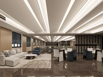Modern Spacious Meeting Room Interior With Sofa Tables Chairs Wooden Walls Lighting Strips And Carpet 3d model