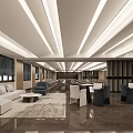 Modern Spacious Meeting Room Interior With Sofa Tables Chairs Wooden Walls Lighting Strips And Carpet