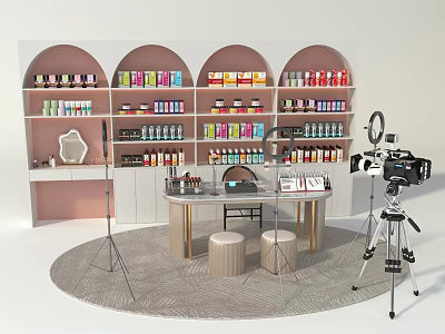 Beauty Product Photography Desk with Cosmetics Display Shelves Ring Light and Camera Setup 3d model