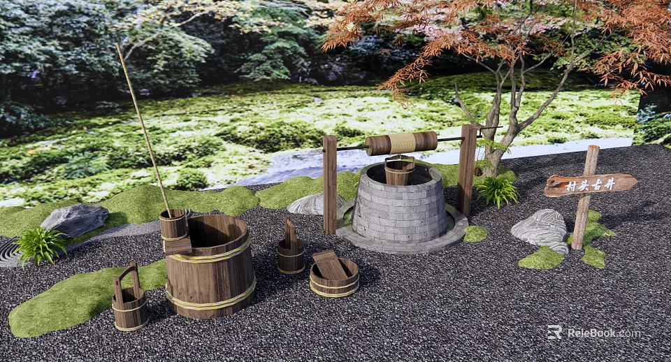 Rural Landscape Featuring Traditional Well Wooden Buckets Green Grass Gravel Ground And Trees 3d model 