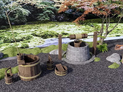 Rural Landscape Featuring Traditional Well Wooden Buckets Green Grass Gravel Ground And Trees 3d model