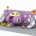 Purple Spaceship Shaped Children's Playground With Slide Animal Toys And Orange Dome