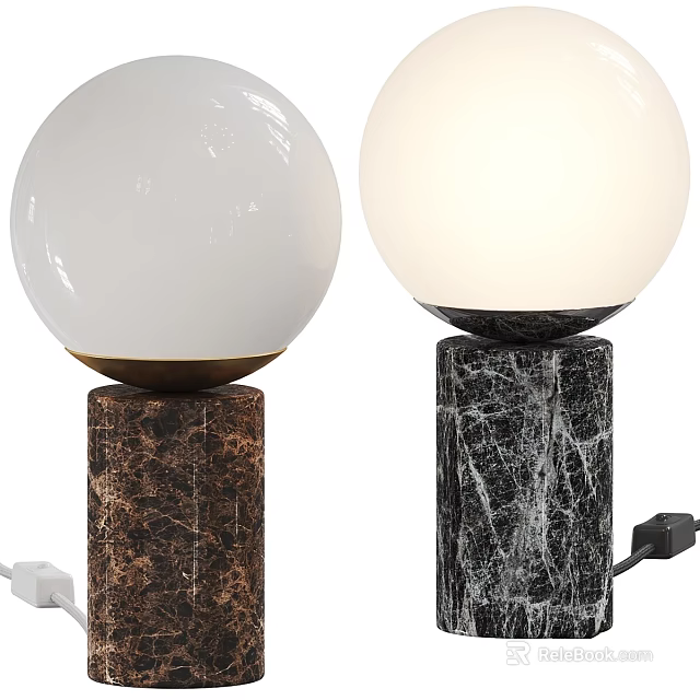 Modern Table Lamp Featuring White Spherical Lampshade And Brown Black Marble Cylindrical Base 3d model
