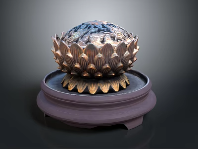 Intricate Lotus Shaped Metal Craft on Purple Decorative Base for Home Ornament 3d model