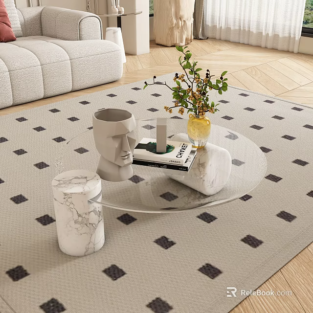 Modern Sofa and Coffee Table Set with Glass Top Marble Base and Diamond Pattern Rug 3d model 