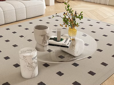 Modern Sofa and Coffee Table Set with Glass Top Marble Base and Diamond Pattern Rug 3d model