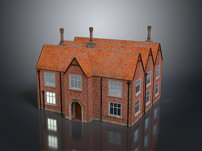 Traditional Red Brick House With Gabled Orange Roof Multiple Chimneys And Classic Windows 3d model