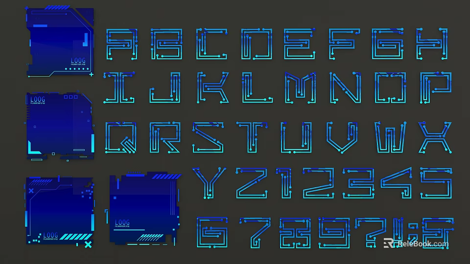 Modern Decorative Lights With Alphabet Numbers Design And Blue Cyan Illumination 3d model 