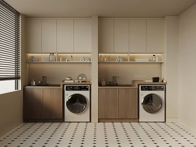 Modern Laundry Room Interior With Two Washing Machines Light Wood Cabinets And Functional Storage 3d model