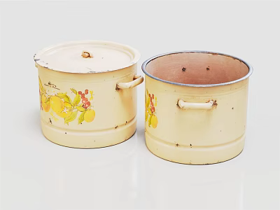 Vintage Enamel Cooking Pots With Yellow Fruit Patterns And Handles 3d model