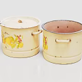 Vintage Enamel Cooking Pots With Yellow Fruit Patterns And Handles