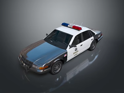 Blue And White Police Sedan With Emergency Lights And Reflective Surface 3d model
