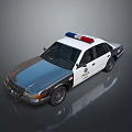 Blue And White Police Sedan With Emergency Lights And Reflective Surface