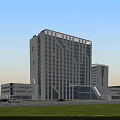 Modern Office Building Featuring Glass Curtain Wall Geometric Patterns Green Lawn And Front Parking