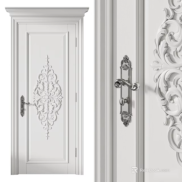 White Classic Swing Door with Intricate Carved Pattern and Ornate Metal Handle 3d model 
