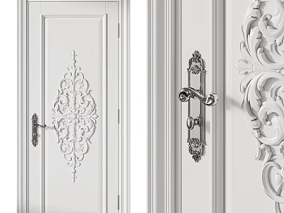 White Classic Swing Door with Intricate Carved Pattern and Ornate Metal Handle 3d model