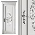 White Classic Swing Door with Intricate Carved Pattern and Ornate Metal Handle