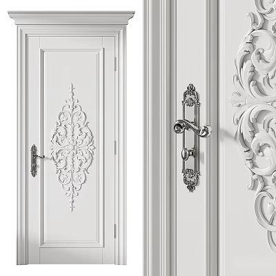 White Classic Swing Door with Intricate Carved Pattern and Ornate Metal Handle 3d model