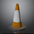 Orange and White Striped Traffic Cone With Hexagonal Base On Dark Background