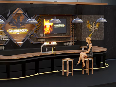 Wooden Bar Counter With Pendant Lights Flame Screen Wall Sign And Woman Sitting On Stools 3d model