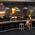 Wooden Bar Counter With Pendant Lights Flame Screen Wall Sign And Woman Sitting On Stools