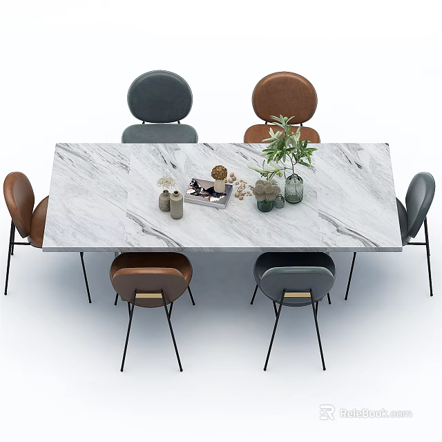 Elegant Dining Table Set With Marble Top Gray Brown Chairs And Decorative Plants 3d model