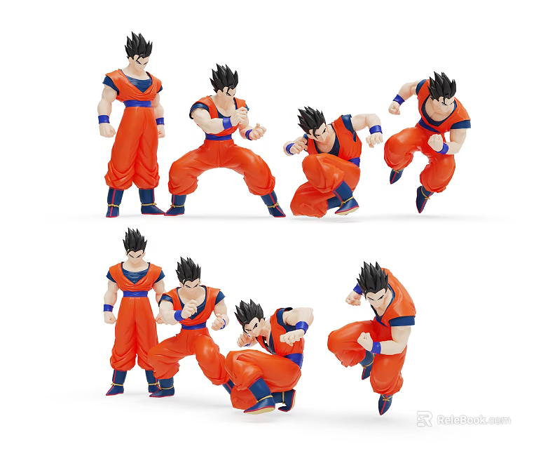 Anime Character Action Figure In Orange Outfit With Multiple Dynamic Poses 3d model 