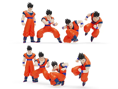 Anime Character Action Figure In Orange Outfit With Multiple Dynamic Poses 3d model