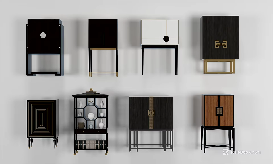 Stylish Entryway Cabinet And Side Cabinet Designs With Glass Doors And Metal Legs 3d model 