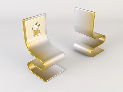 Modern Kids Chair with Curved Design Gold Accents and Cute Cartoon Animal Sticker 3d model