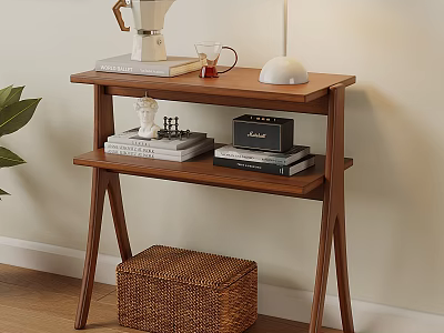 Modern Wooden Side Table With Books Lamp Coffee Pot And Wicker Basket 3d model