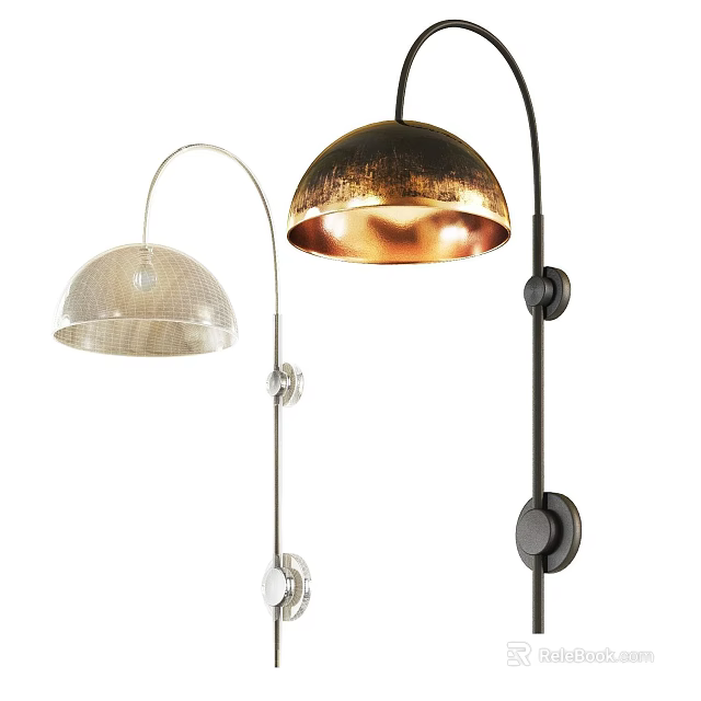 Contemporary Floor Lamp Designs With Brass Dome Shades And Black Curved Poles For Home 3d model 