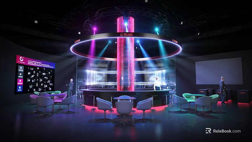 Stylish Modern Lounge Interior With Circular Bar Colorful Lights And Comfortable Seats 3d model 