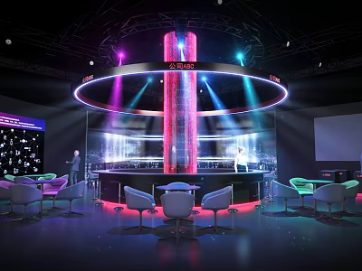 Stylish Modern Lounge Interior With Circular Bar Colorful Lights And Comfortable Seats 3d model