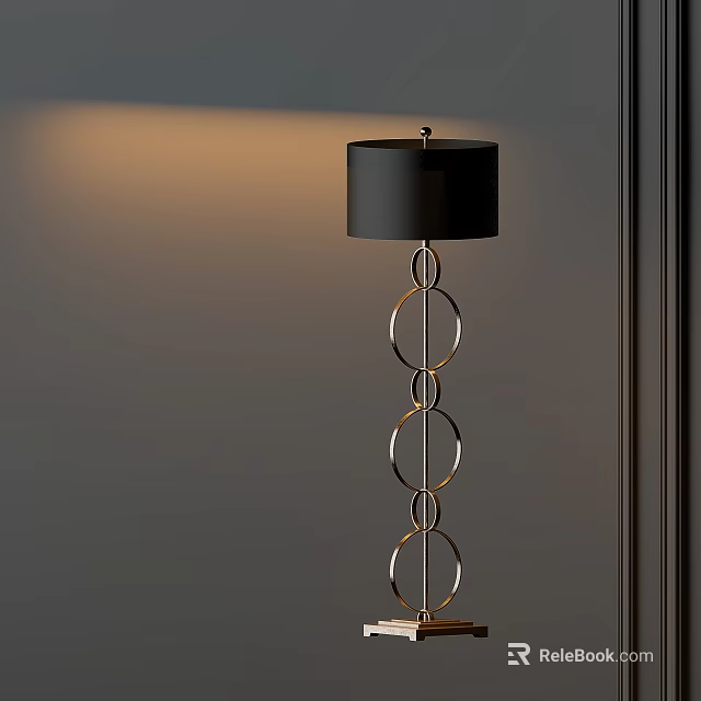Modern Floor Lamp With Black Shade And Gold Ring Pole Design 3d model