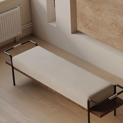 Modern Sofa Bench With Beige Padded Seat And Black Metal Wooden Frame 3d model