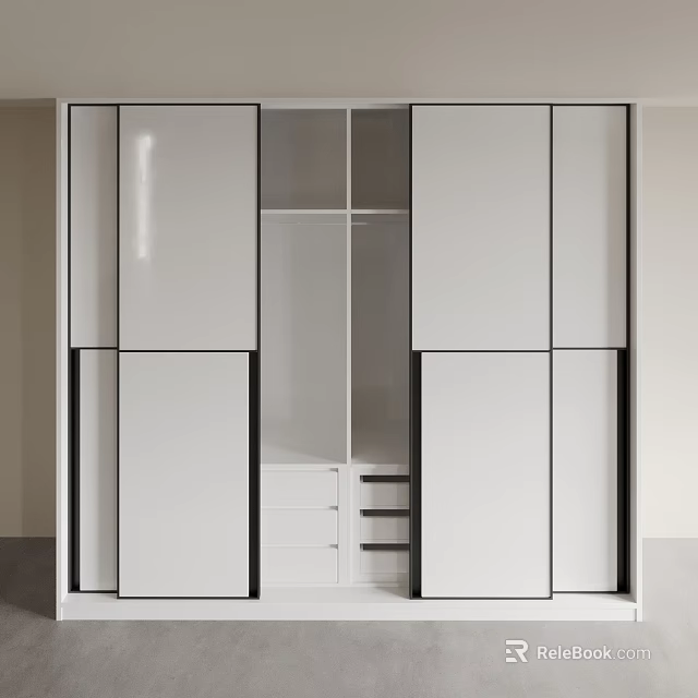 Modern White Sliding Door Wardrobe With Open Shelves And Drawers Design 3d model 