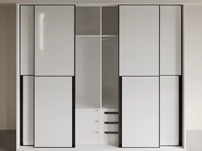 Modern White Sliding Door Wardrobe With Open Shelves And Drawers Design 3d model