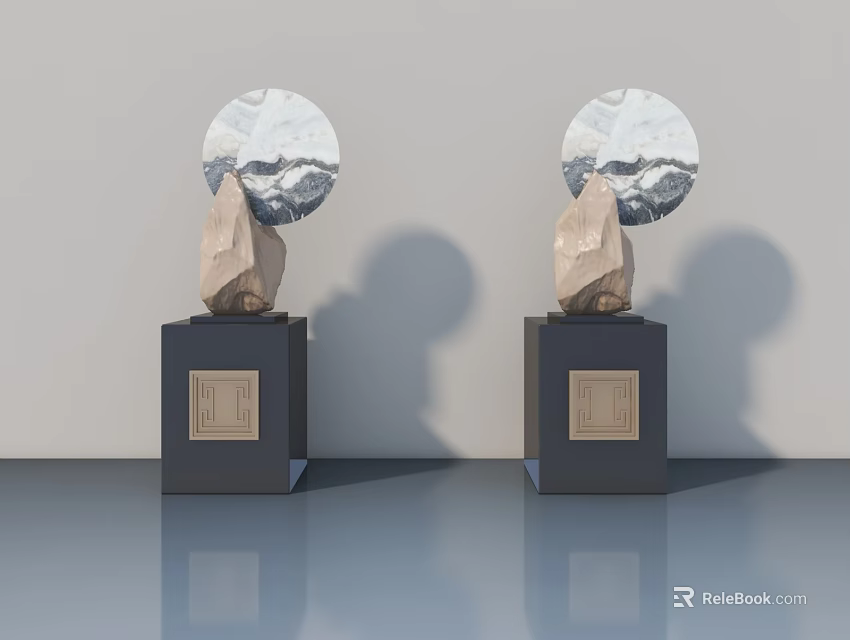 Pair of Modern Swing Doors With Round Mountain View Panels On Black Bases 3d model 