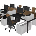 Modern Office Workspace With Multiple Desks Monitors Ergonomic Chairs Dividers And White Storage Units